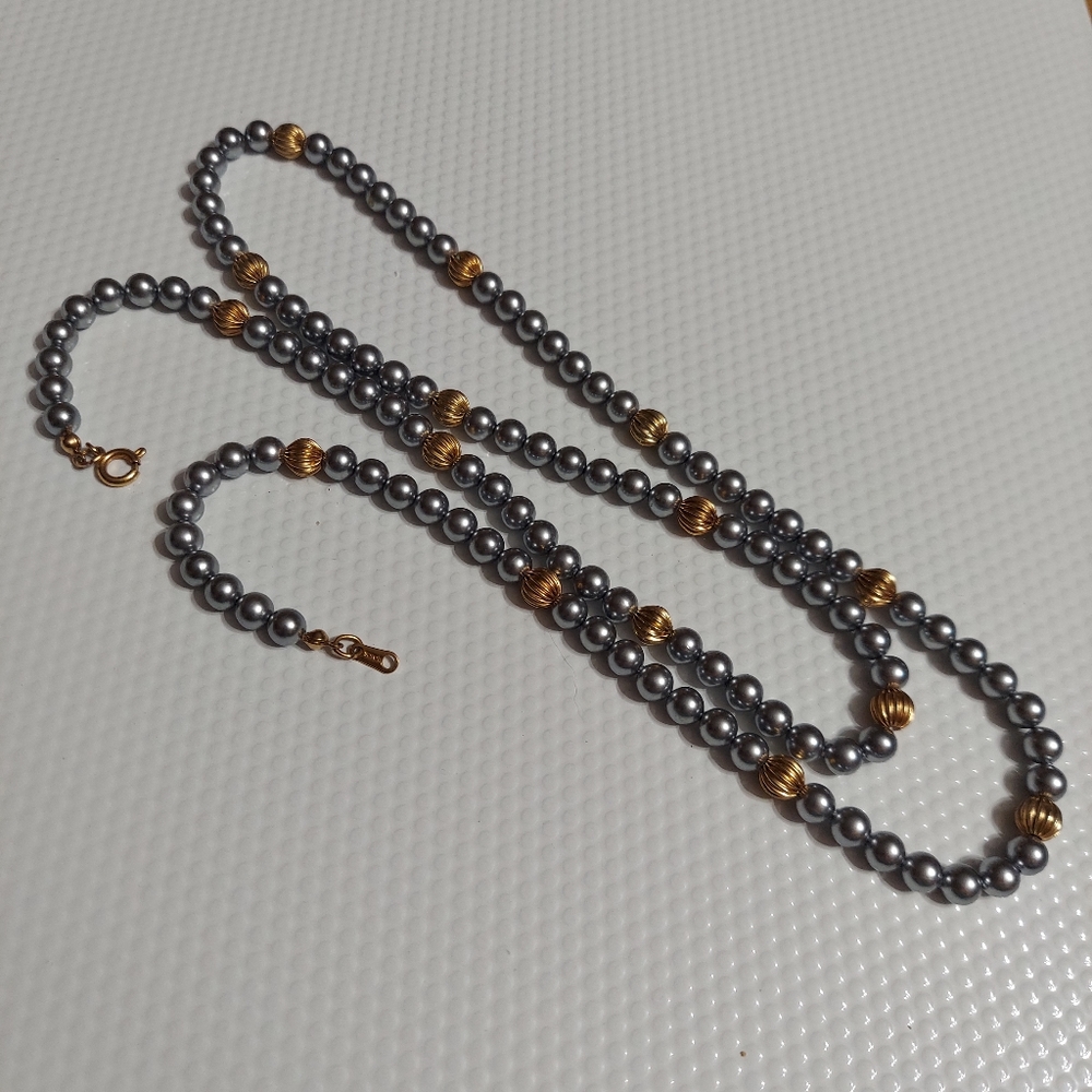 Sarah Vintage Textured Gold Tone/Faux Grey Pearl Necklace